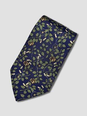 HERMES BLUE GREEN PEANUT LEAF PRINT SILK NECKTIE